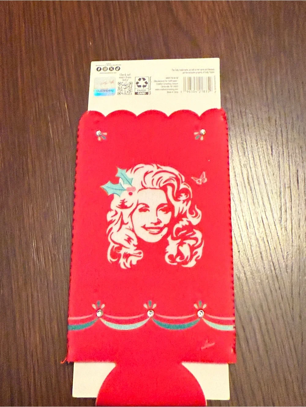Dolly Parton Red Festive Can Cooler with Decorative Dolly Portrait
